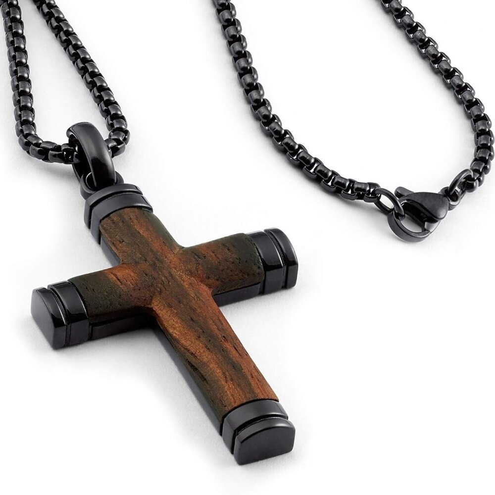 Co. Black Stainless Steel Cross Pendant, Real Santos Wood Free Necklace 24" Roun